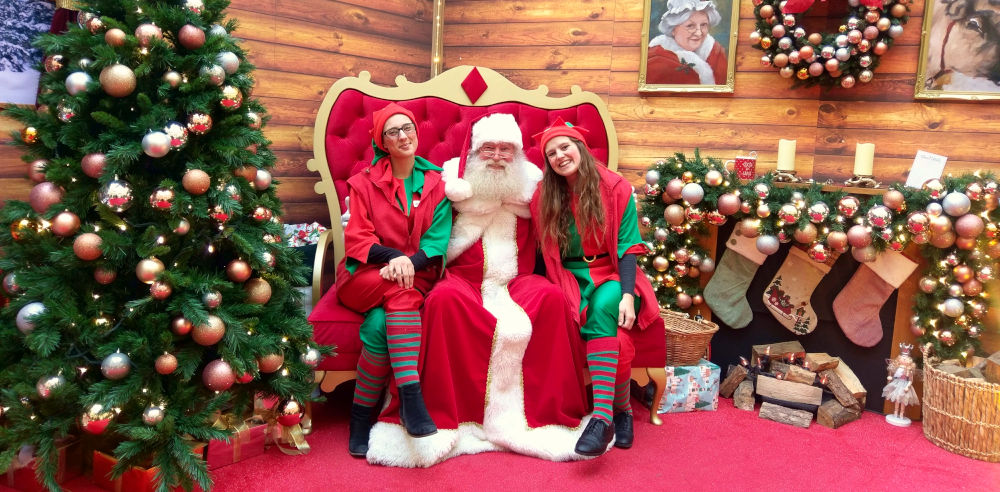 Santa & Two Elves in Grotto on Throne
